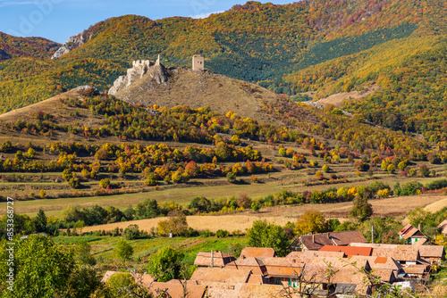 Europe, Romania, Transylvania.Coltesti Castle 11th C Ruins. Territorial Trascau mountain views. photo