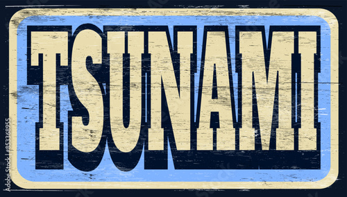 Aged and worn tsunami sign on wood