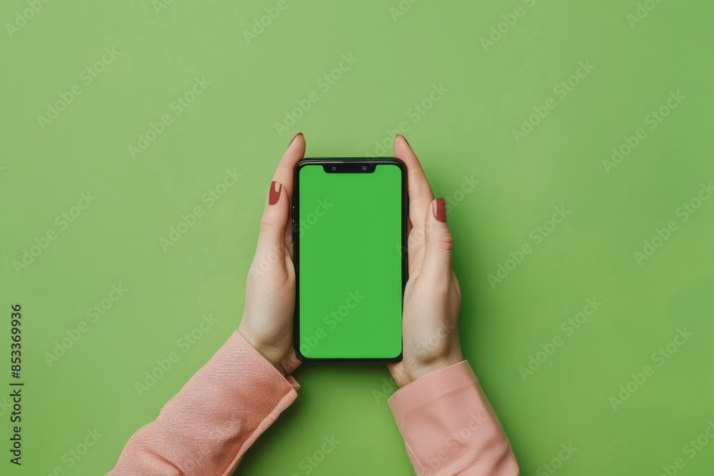 Online payments. Hands scrolling green screen on smartphone. no face Online payments. Hands scrolling green screen on smartphone. no face