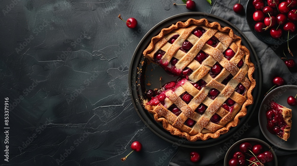 Baking dish with tasty cherry pie and plate of piece. copy space Baking dish with tasty cherry pie and plate of piece. copy space