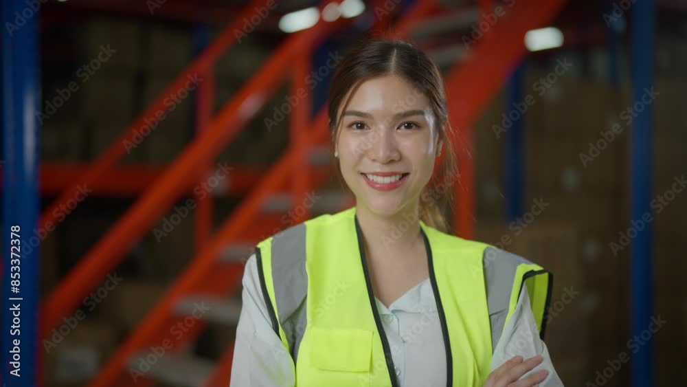 Smiling female warehouse supervisor in a high-visibility safety vest, standing confidently in an organized industrial warehouse. Smiling female warehouse supervisor in a high-visibility safety vest, standing confidently in an organized industrial warehouse.
