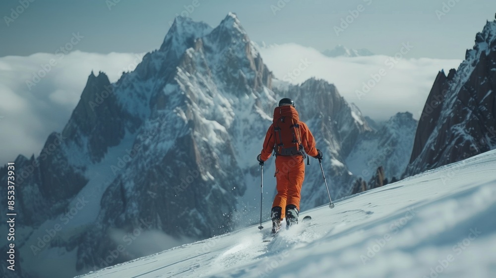 Determined Skier on Alpine Trail with Mountain Vistas
Determined Skier on Alpine Trail with Mountain Vistas
