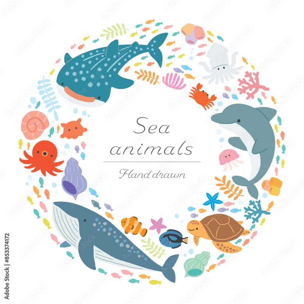 Obraz premium 海の生き物のリースイラスト