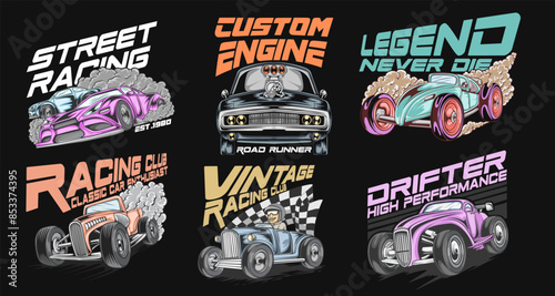 Retro racing car t shirt designs bundle, car vector set, Classic car illustration collection for print.