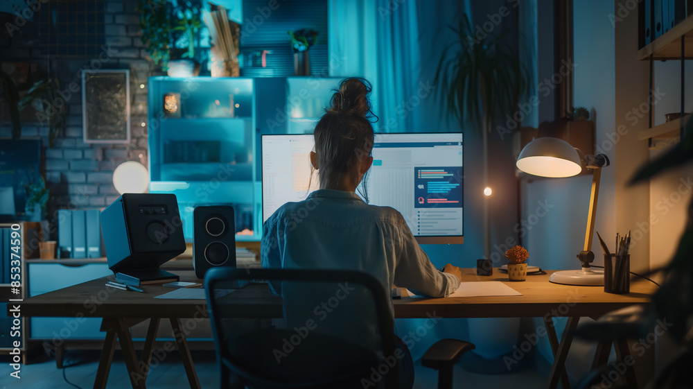 Fototapeta premium A Woman Working on Her PC in Modern Blue Themed Room
