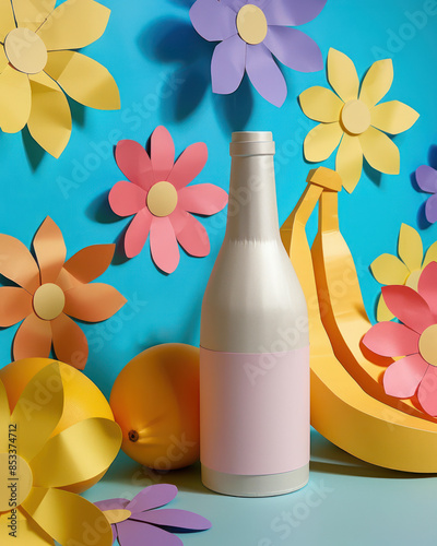 Bright, Colorful Still Life Featuring a Bottle with Pink Label Surrounded by Vibrant Paper Flowers and Fruit Against a Blue Background, Perfect for Spring or Summer Artistic Inspiration photo