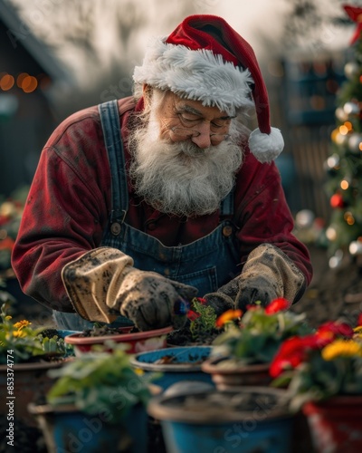 Santa Claus Gardening in Festive Backyard

 photo