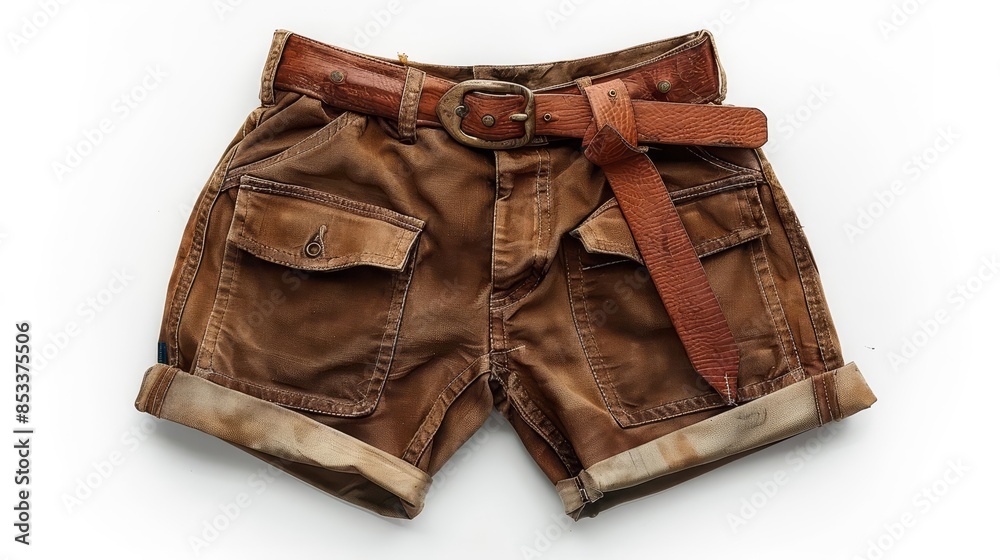 A pair of highwaisted shorts with a belted waist, isolate on white background, photo crayon style A pair of highwaisted shorts with a belted waist, isolate on white background, photo crayon style