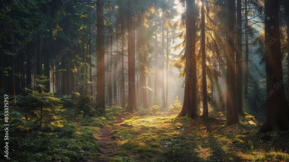 Naklejka premium Sunlit Forest with Tall Trees