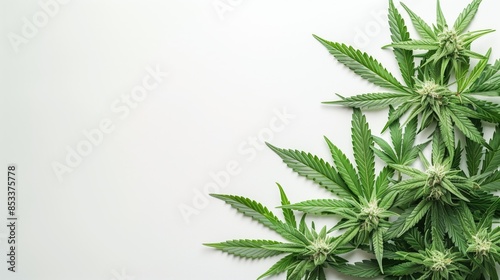 Cannabis Leaves and Flowers Border, Natural Organic Green Hemp Leaf, THC Marketing CBD Advertising Medicinal Herbs Isolated White Background, Plant Garden Backdrop Copy Space for Text