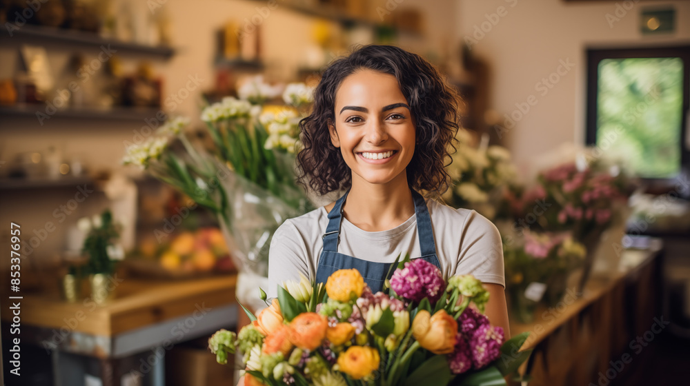 Smiling Florist with Bouquet in Flower Shop Smiling Florist with Bouquet in Flower Shop