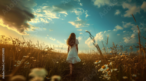 Young woman walking through field of flowers at sunset