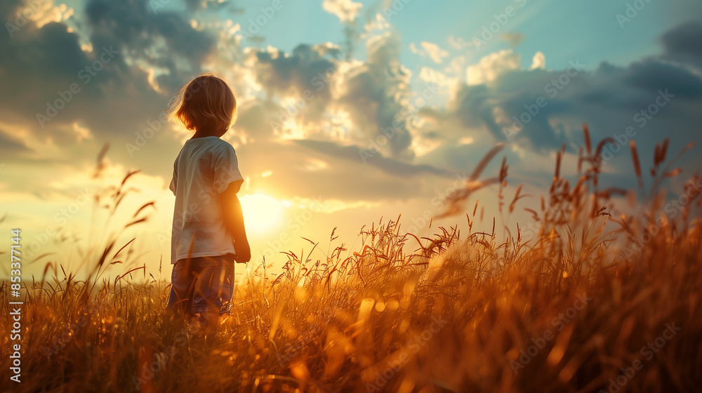 Fototapeta premium Little boy looking at the sunset standing in a wheat field