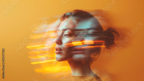 Young woman posing with light trails effect photography