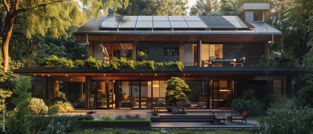 Elegant Home with Solar Panels and Tree-Shaded Facade

