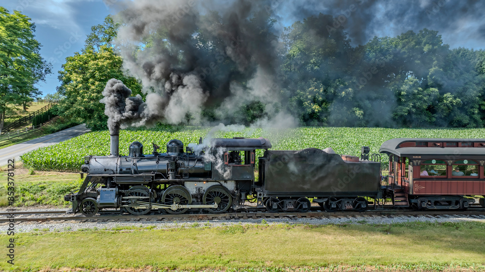 Obraz premium The Black Steam Locomotive Number 89, Emitting Thick Black Smoke, Travels On Railroad Tracks Beside Verdant Green Crops And Dense Forest, Under A Clear Blue Sky With Puffy Clouds, Showcasing A