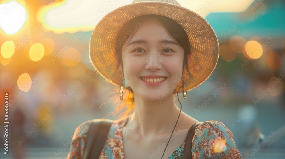 Obraz premium Glamorous Woman in Fashionable Summer Outfit with Suitcase