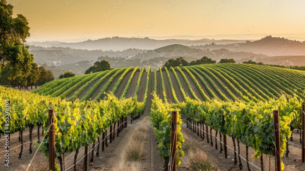 Fototapeta premium Sunset Over Vineyard Rows