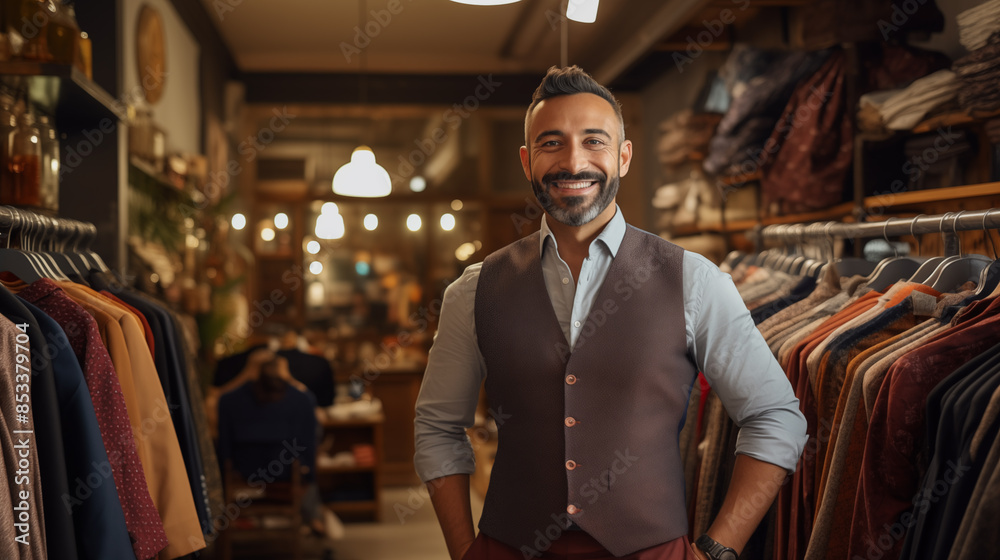 Smiling Shopkeeper in Front of Boutique with Blurred Clothing Racks and Mannequins Smiling Shopkeeper in Front of Boutique with Blurred Clothing Racks and Mannequins