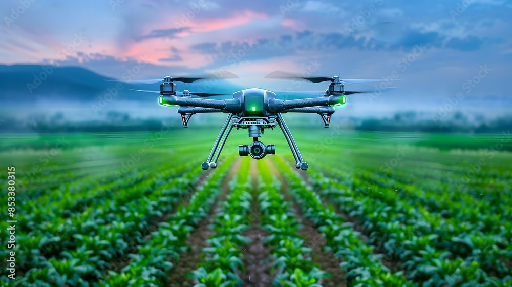 A drone flying over a vast agricultural field, conducting precision farming with biotechnology-enhanced crops. List of Art Media: Photograph inspired by Spring magazine. A drone flying over a vast agricultural field, conducting precision farming with biotechnology-enhanced crops. List of Art Media: Photograph inspired by Spring magazine.