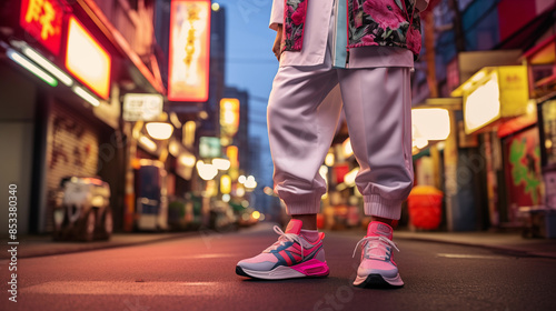 Stylish Japanese Man in Kimono-Inspired Jacket and Sneakers photo