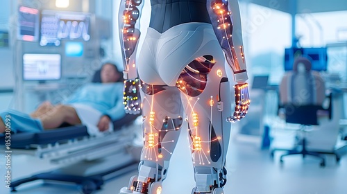 A robotic exoskeleton worn by a patient, assisting in rehabilitation therapy at a healthcare facility. List of Art Media: Photograph inspired by Spring magazine. photo