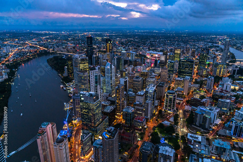 Fototapeta Naklejka Na Ścianę i Meble -  Dusk Aerial Photo of Brisbane CBD