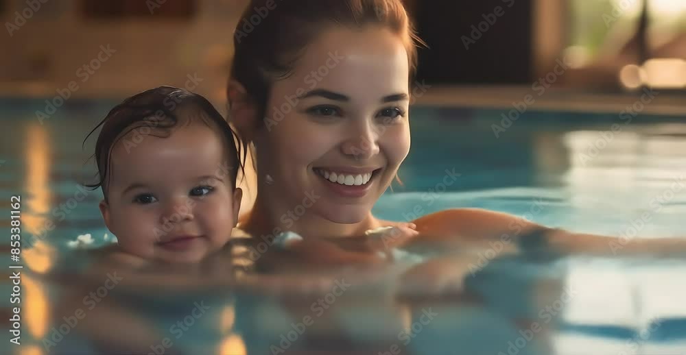 A mother and her toddler share a happy moment by the pool A mother and her toddler share a happy moment by the pool
