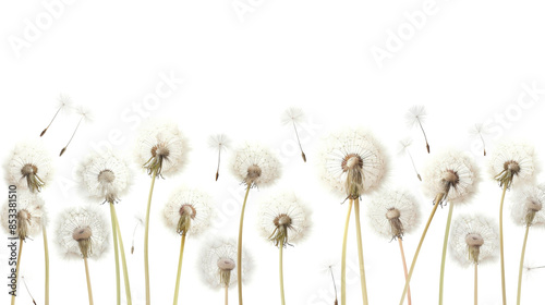 Dandelions and dandelion seeds on white background photo