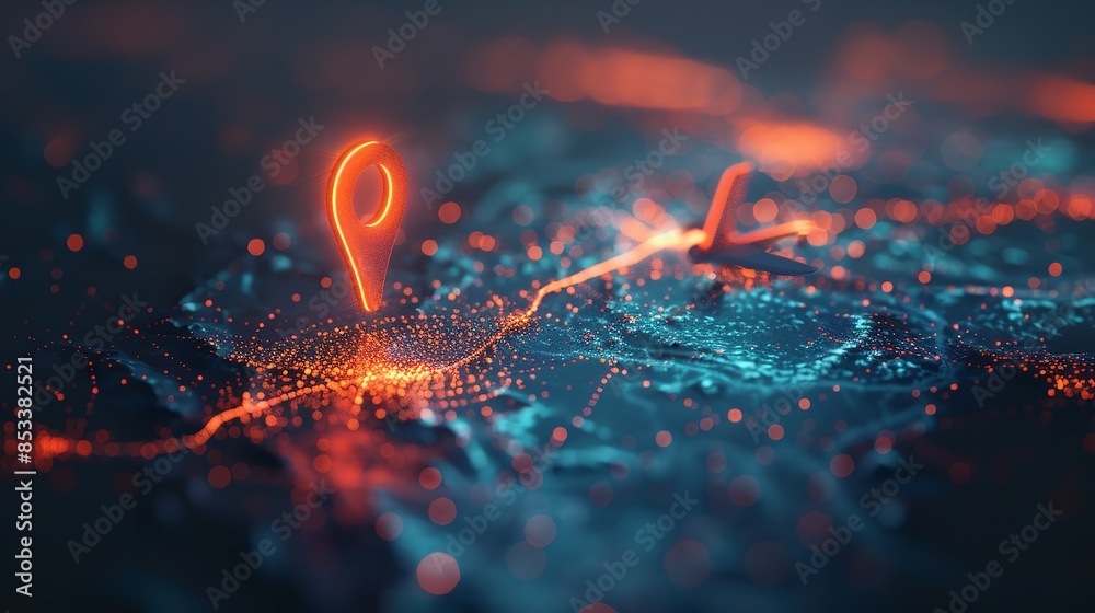 Abstract 3D Flying Airplane and Location Pin Icon. Trip in Technology Background Abstract 3D Flying Airplane and Location Pin Icon. Trip in Technology Background