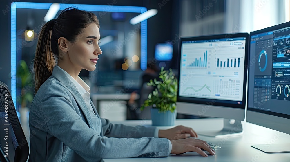 Businesswomans Focus A businesswoman is sitting at her desk looking at her computer monitor, a visual representation of the world of business and technology Businesswomans Focus A businesswoman is sitting at her desk looking at her computer monitor, a visual representation of the world of business and technology