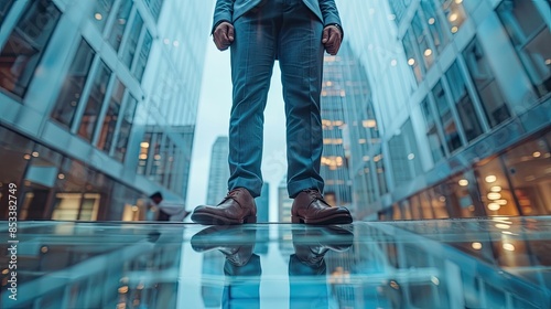 Business Transparency A businessman standing confidently on a transparent platform, a symbol of transparency in business ethics photo
