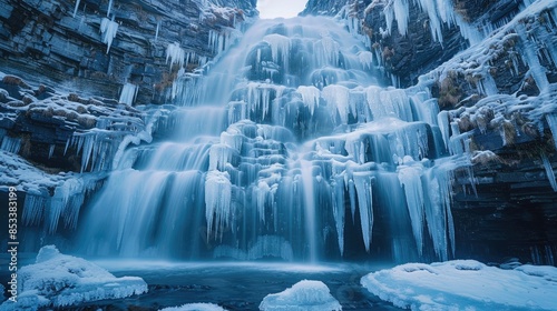 Frozen Waterfall A frozen waterfall cascades down a cliffside, icicles hanging from the rocks, a dramatic and powerful visual representation of natures forces © Vodkaz