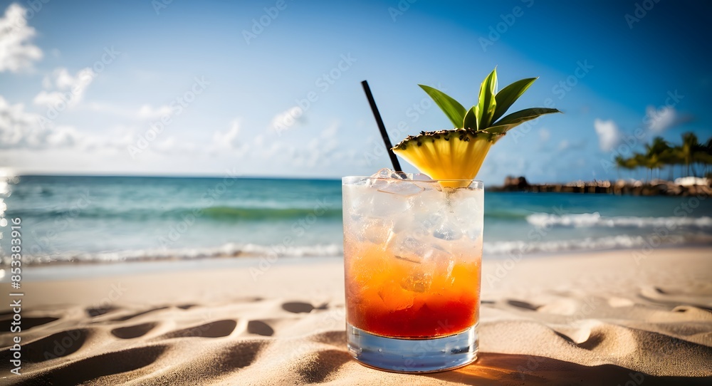 Fresh tropical cocktail on beautiful sunny beach. Fresh tropical cocktail on beautiful sunny beach.