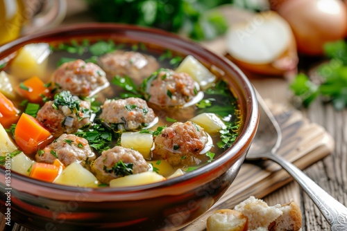 Soup with turkey meatballs, potatoes and vegetables. Selective focus 