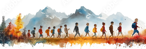 watercolor illustration of children hiking in the mountains