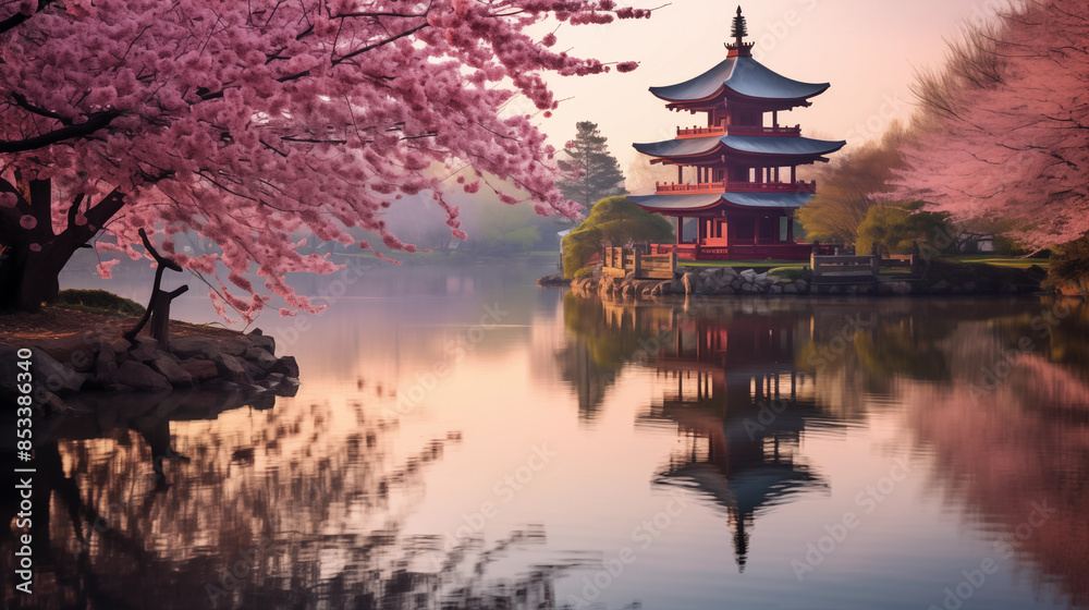 Obraz premium Tranquil Cherry Blossom Pagoda Landscape