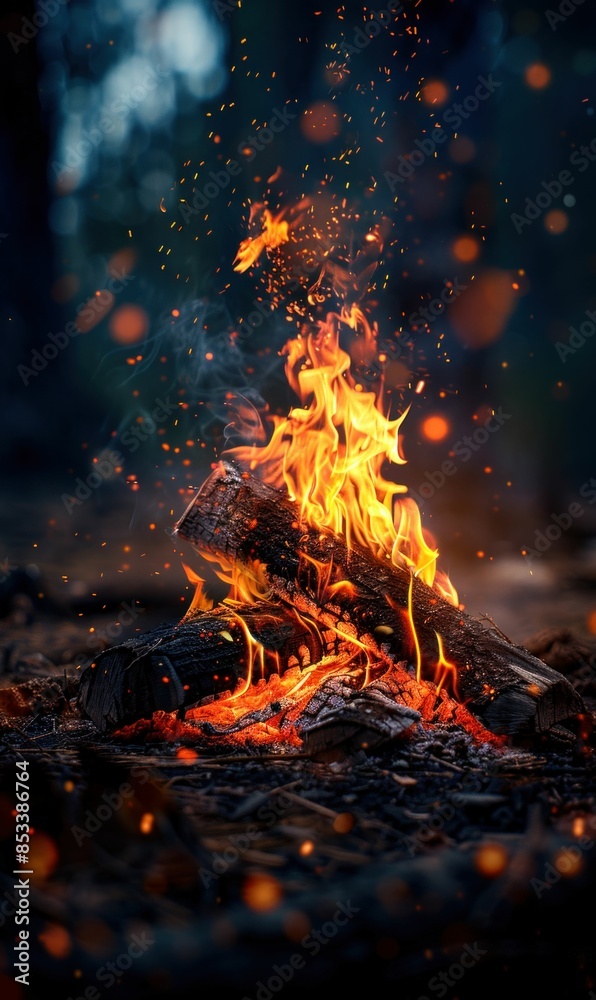 Burning Campfire with Glowing Sparks at Night. Generative ai Burning Campfire with Glowing Sparks at Night. Generative ai