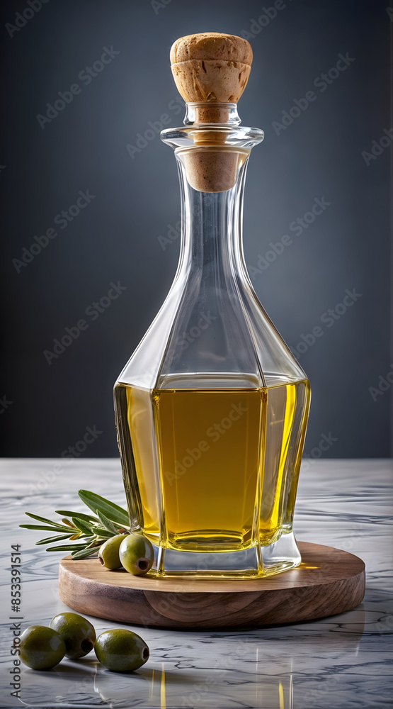 Decanter with natural olive oil, vertical image of first-pressed vegetable oil, advertising poster