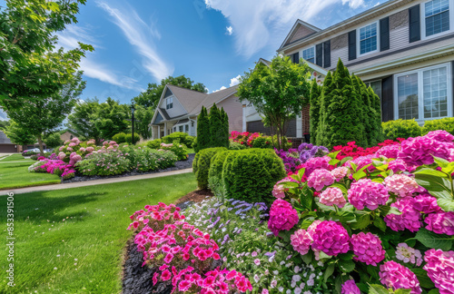 A clean and well-maintained suburban front yard with lush green grass, colorful flowers in the flower beds, neatly trimmed shrubs