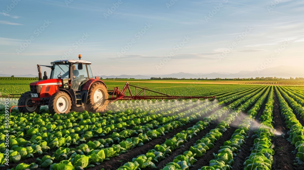 Farmer spraying field of vegetables with tractor Farmer spraying field of vegetables with tractor