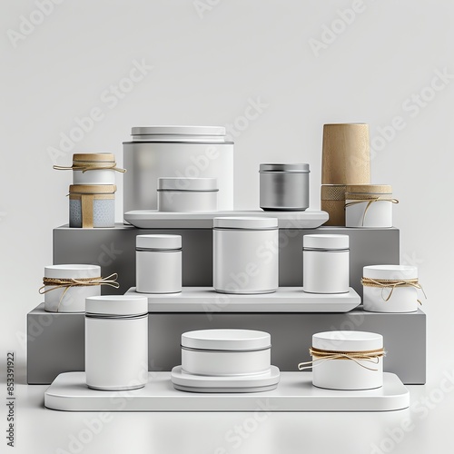 Luxurious display stand with elegant white multisize packaging tins, white background, aura of beauty and sophistication photo