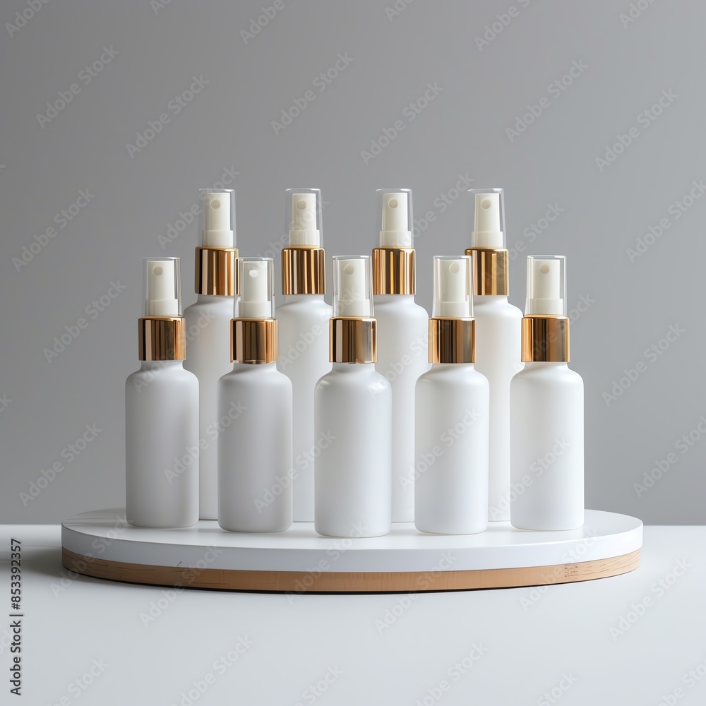 Elegantly sized white spray bottles on elegant display stand, white background, feeling of luxury and beauty Elegantly sized white spray bottles on elegant display stand, white background, feeling of luxury and beauty
