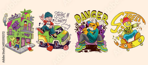 Urban culture t shirt design vector set, Youth style graphic t-shirt, Graffiti graphic Streetwear t-shirt designs bundle