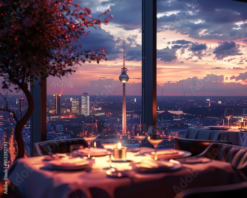 Elegant dining setup in Dusseldorfs Fernsehturm restaurant, cityscape view, no people, incredibly realistic photo