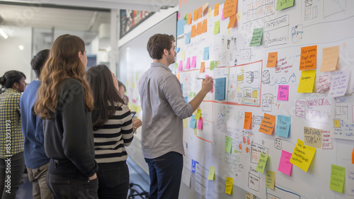 Project initiation meeting with a diverse team, reviewing and discussing ideas on sticky notes posted on dashboards
