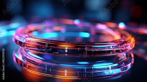 Realistic 3d render of a Film reel icon. Neon LED accent lights