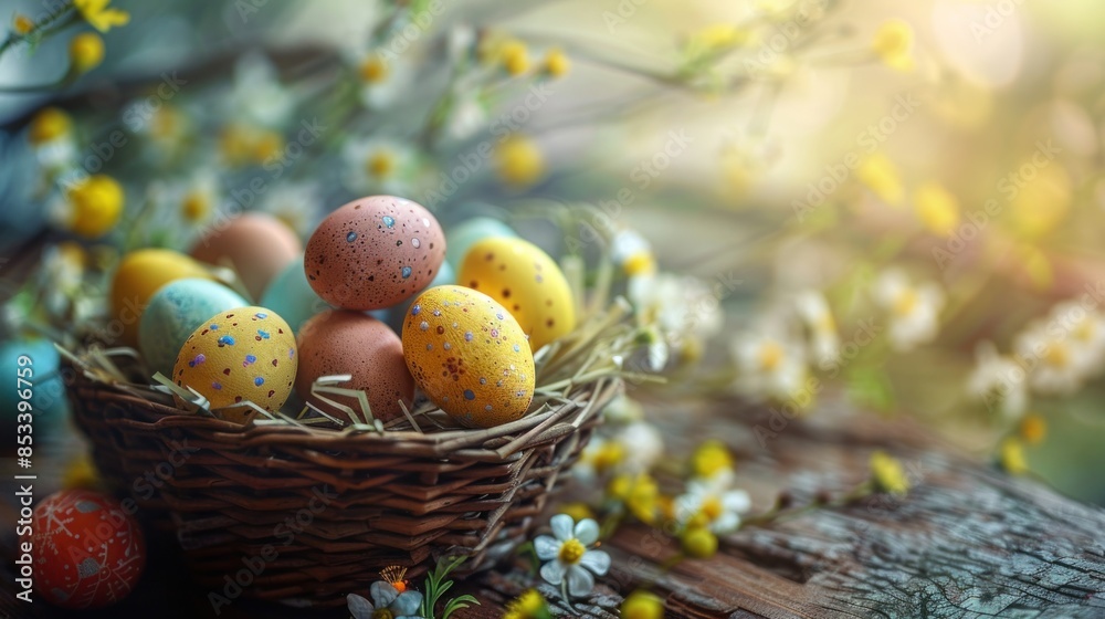 Happy easter, Easter painted eggs in the basket on wooden rustic table for your decoration in holiday Happy easter, Easter painted eggs in the basket on wooden rustic table for your decoration in holiday