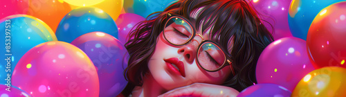 A girl with glasses is sleeping in the ball pit surrounded by colorful balloons photo
