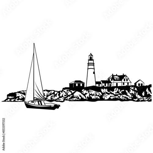 Light House Town and Sailing Boat